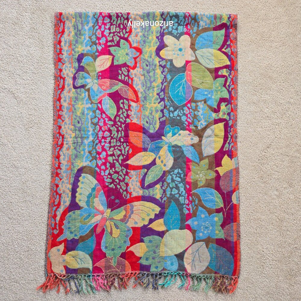 NWOT 100% Wool Woven Scarf Butterfly Flowers Colorful Vibrant - Picture 10 of 12